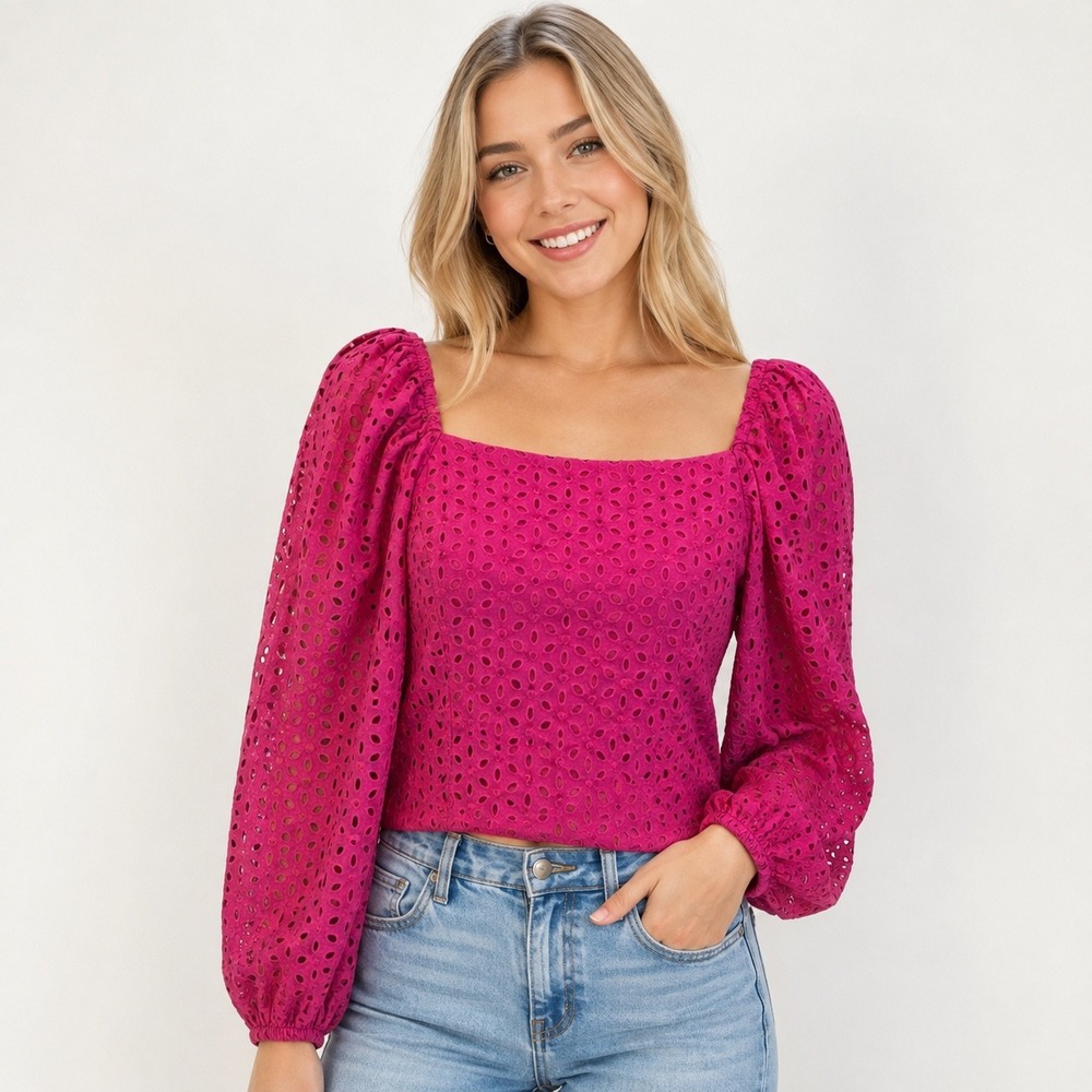 She Sky Eyelet Crop Top Medium Pink Cottagecore Romantic Balloon Sleeve